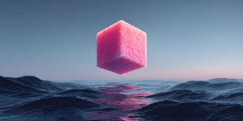 Pink fuzzy impossible shape floating in surreal digital space abstract art minimalist