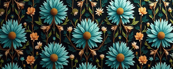 Dark background showcases repeating floral pattern. Teal dahlia flowers with orange and cream accents and green leaves create intricate visual design. Elegant botanical motif repeats seamlessly.