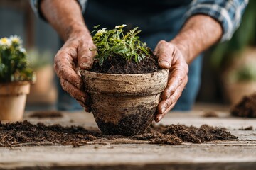 Wrinkled hands gently hold a small green plant in a rustic pot. Represents growth, care, gardening, hobby, and active senior living.