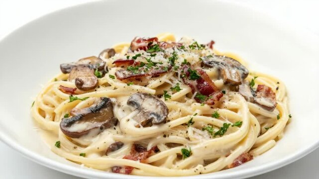A delectable dish of bacon and mushroom pasta in a creamy sauce, served on a white plate. This is an example of Italian cuisine at its best.