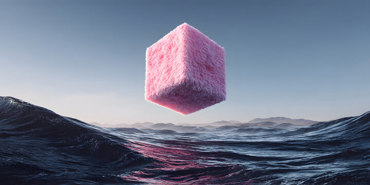 Pink fuzzy impossible shape floating in a surreal digital landscape abstract art digital minimalist - Powered by Adobe