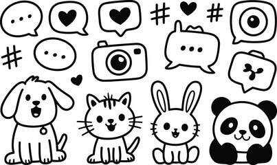 Four animals with speech bubbles and social media in black and white