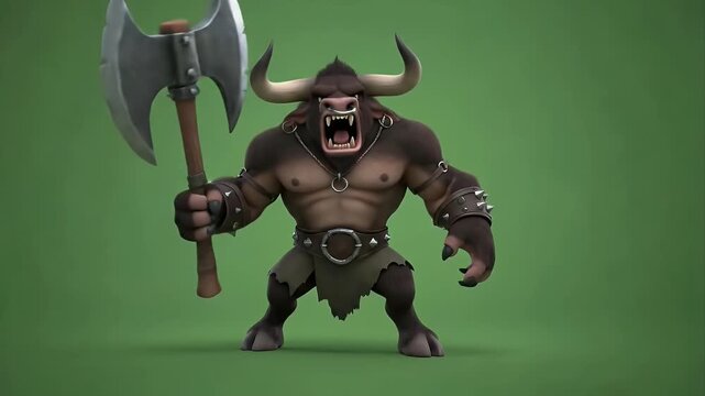 Minotaur Warrior with Axe on Green Screen 3D Animation for Fantasy Games and Mythology.