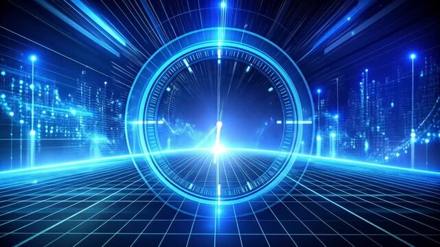 Futuristic Clock and Data Visualization in Blue Digital Space