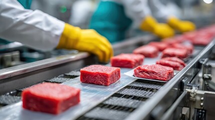 Raw red meat portions move on a clean factory conveyor belt. Used for depicting food processing, industrial hygiene, or meat production.