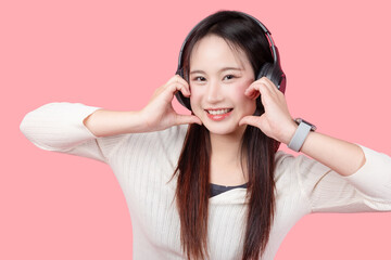 Cute lovely smiling portrait model cheerful action happiness girl wearing headphone smile isolated