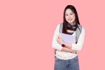 Portrait Asian university teenage woman standing happy smile studio shot isolated, learning people.