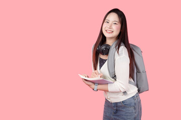 Portrait Asian university teenage woman standing happy smile studio shot isolated, learning people.