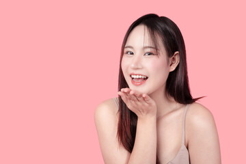 Beautiful Asian woman beauty model happy smile cheerful expression isolated for cosmetic banner