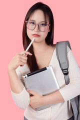 Portrait Asian university teenage woman standing happy smile studio shot isolated, learning people.