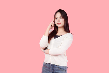 Asian woman, Thai cute model teen girl standing isolated with Thinking guess thoughtful expression