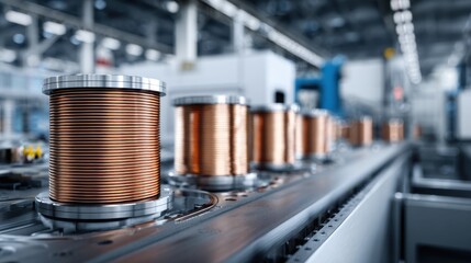 Copper wire coils on a production line within a modern industrial facility