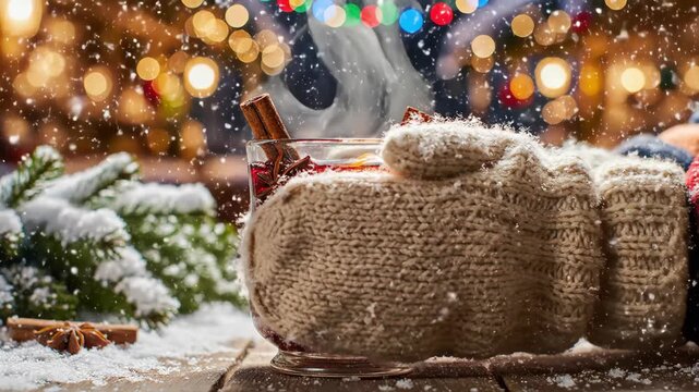 Hot Christmas mulled wine with citrus and cinnamon. Hands in fur mittens take a mug