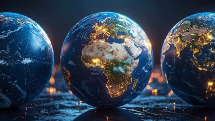 Three earth globes showing different continents, illuminated with city lights at night.