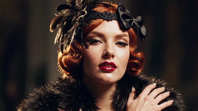 Elegant woman with red hair and dramatic makeup wearing a feather headband and fur stole in a vintage style