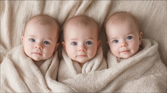 Three adorable newborn babies with blue eyes wrapped in soft beige blankets