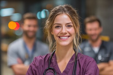 A cheerful female doctor in purple scrubs and stethoscope smiles confidently. Perfect for showing compassionate healthcare, teamwork, and medical services.