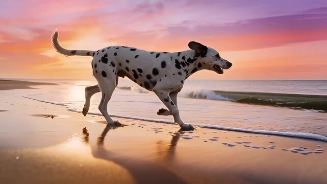 Dalmatian Dog Running Joyfully Along the Beach at Sunset.
