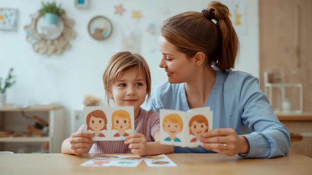 Mother and young child sitting at table showing emotion cards during learning activity at home