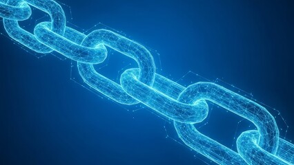 Abstract glowing blue digital blockchain network structure with interconnected nodes and lines forming a chain on a dark futuristic background representing data