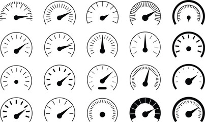 Collection of black and white speedometer gauges with varying needle positions