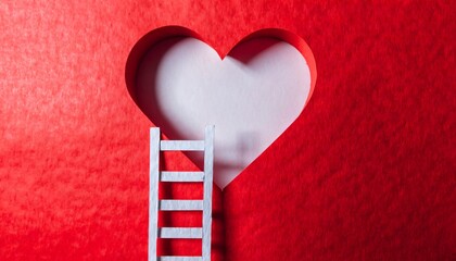 Minimalist flat lay on red paper. A white ladder reaches towards a heart cutout and 3D folded heart, symbolizing the journey of love, aspiration, and overcoming obstacles.