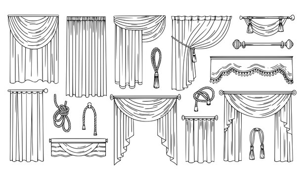 Minimal Hand Drawn Curtain and Drapery Elements Black and White Line Art Vector Collection
