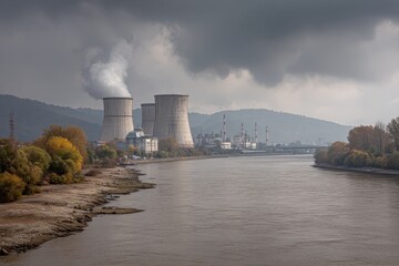 Huge cooling towers emitting steam by a river under dark clouds. Conveys industrial energy, environmental impact, and climate change issues.