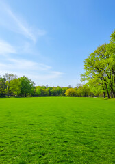 Obraz premium Blurred Spring Nature Background with Green Lawn, Trees, and Blue Sky on Sunny Day