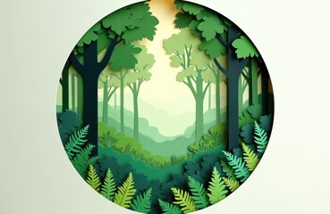 Obraz premium Paper cut illustration serene forest scene. Layered paper trees bushes foliage. Eco friendly design evokes nature in calm setting. Artistic landscape with vibrant green colors in circular frame.