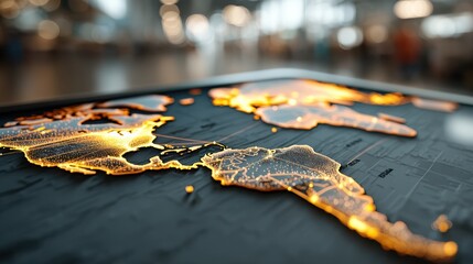 A digital world map displayed on a tablet with dynamic global lines illustrating connectivity.