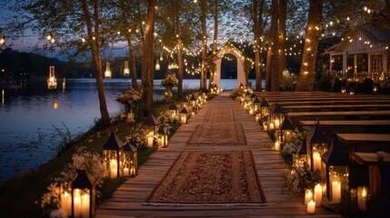 Romantic evening wedding aisle by a lake, lit with string lights and lanterns. Ideal for themes of love, celebration, luxury events, and fairytale decor.