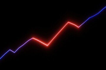 Glowing red and blue line chart going up on black background, stock market graph trending upwards.