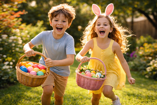 Happy children run around with baskets during the egg hunt and carry colorful Easter eggs in the spring garden.