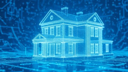 A blue wireframe 3d rendering of a large house with a gable roof and columns on a digital background with architecture and technology and cyber and futuristic