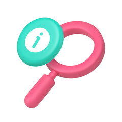 Magnifying glass and information icon for search functions and data discovery interfaces. Represents find, explore, details, help, and discovery. Modern 3d icon realistic vector illustration.
