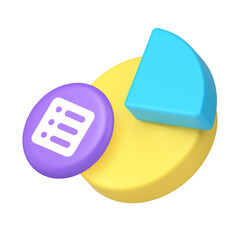 Pie chart and checklist icon for analytics dashboards and information management systems. Represents statistics, data, organization, reporting, and metrics. 3d icon realistic vector illustration.