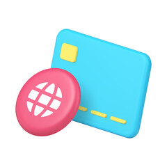 Credit card and globe icon for payment systems and financial applications. Represents transaction, banking, currency, worldwide, and online purchase. Modern 3d icon realistic vector illustration.
