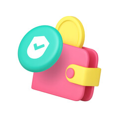 Wallet and security shield icon for financial applications and payment systems. Represents money, savings, safety, verification, and secure transactions. Modern 3d icon realistic vector illustration.