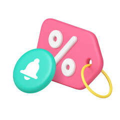 Discount tag and notification bell icon for ecommerce websites and shopping apps. Represents sale, alert, promotion, offer, and price reduction. Modern 3d icon realistic vector illustration.
