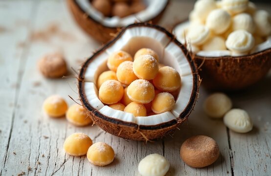 Coconut candy lies in coconut shell. Traditional brazilian cocada balls made with coconut served on wooden surface. Delicious food, tasty dessert, sweet snacks on table. Tropical treat made with