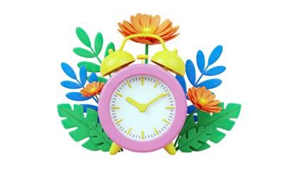 Pink alarm clock with colorful flowers and leaves