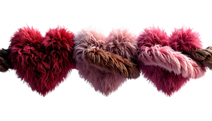 Three Interlocked Furry Hearts Chain in Red Pink and Brown 3D Render isolated on solid white background3
