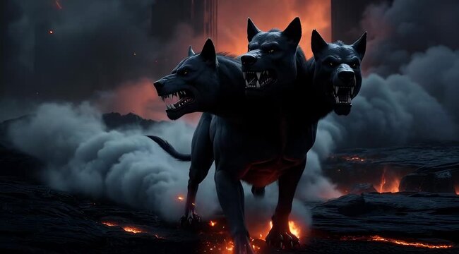 Three-headed Cerberus guarding hellish landscape with lava and smoke