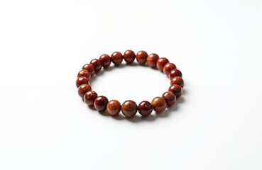 Obraz premium Brown beaded bracelet rests on clean white surface. Simple accessory made of natural polished stones. Elegant jewelry piece adds touch of earthy style. Useful for fashion, wellness, or gift content.