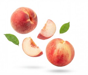 Luscious whole and sliced peaches with delicate green leaves, artfully floating in mid-air against a pristine white backdrop.