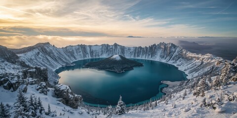 Serene winter lake in snowy mountains