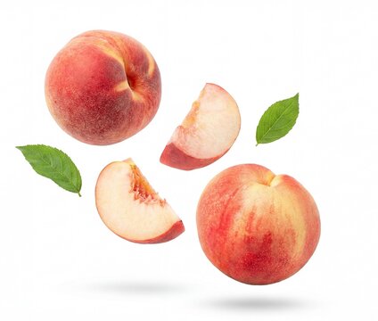 Luscious whole and sliced peaches with delicate green leaves, artfully floating in mid-air against a pristine white backdrop.