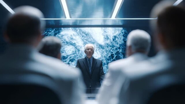 A distinguished leader addresses colleagues during a high level corporate meeting, emphasizing innovation and global strategy. The atmosphere is dynamic, high tech, and forward thinking