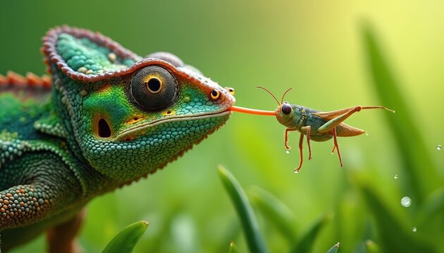 Chameleon tongue catches grasshopper mid air. Reptile hunts insect in vibrant green grass. Macro view shows predator prey interaction. Detail of wild nature life.